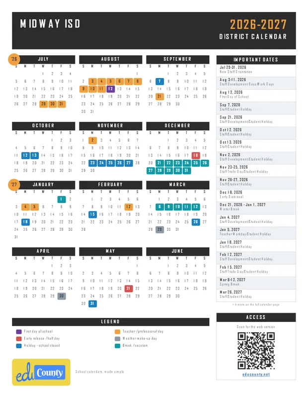 Midway Isd printable 2026-27 calendar