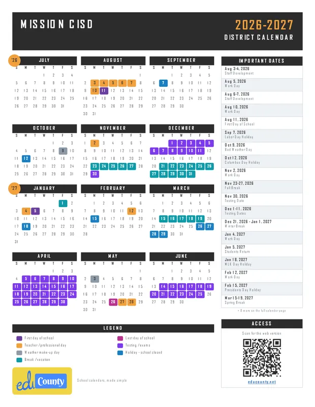 Mission CISD printable 2026-27 calendar