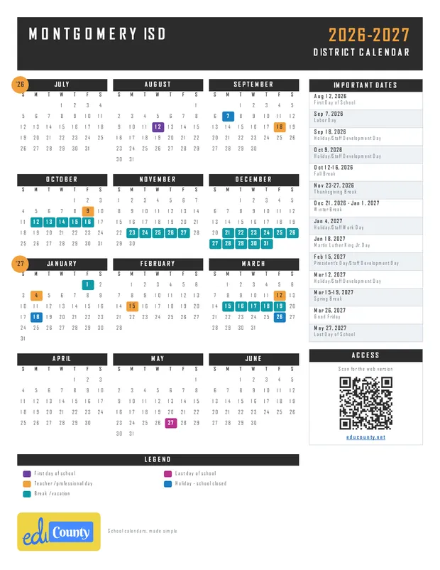 Montgomery Isd printable 2026-27 calendar