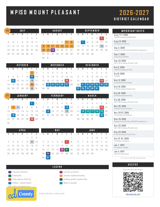 MPISD Mount Pleasant printable 2026-27 calendar