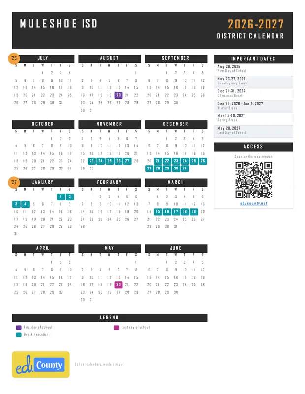 Muleshoe ISD printable 2026-27 calendar