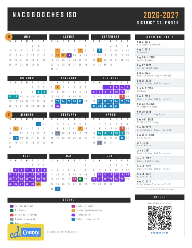Nacogdoches Independent School District ISD printable 2026-27 calendar