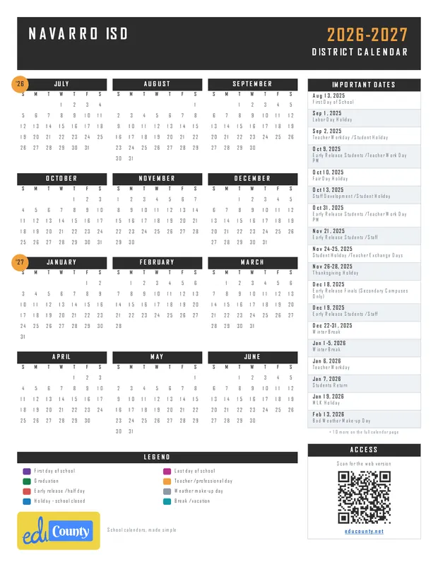Navarro ISD printable 2026-27 calendar