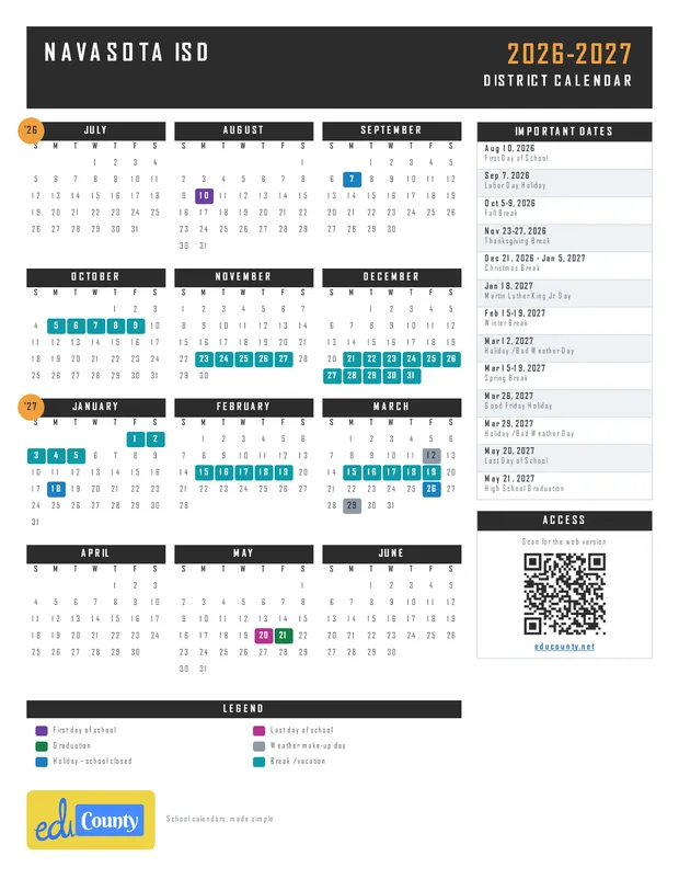 Navasota ISD printable 2026-27 calendar