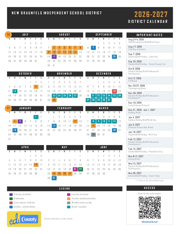 New Braunfels Independent School District printable 2026-27 calendar