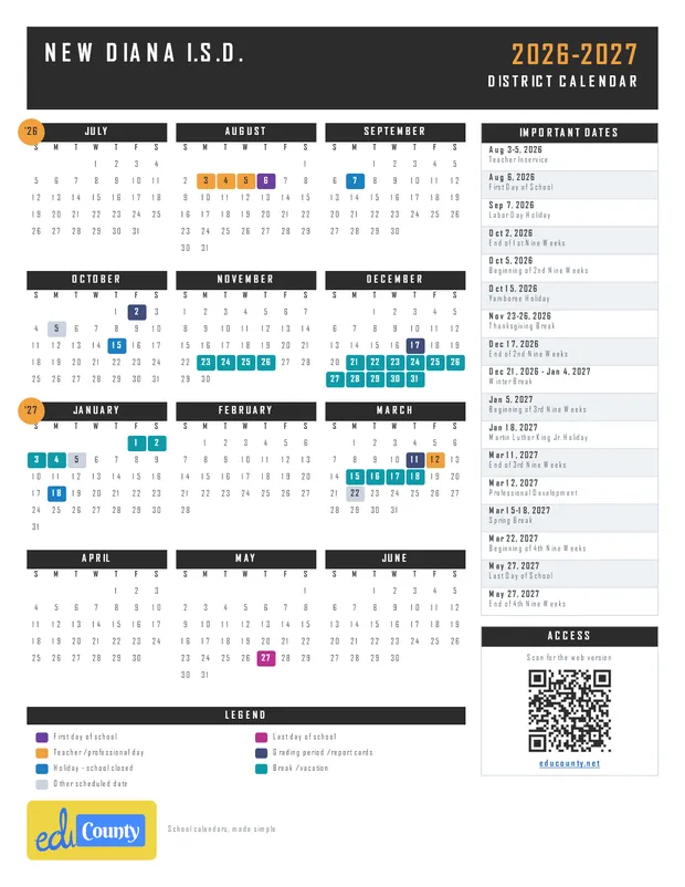 New Diana I.S.D. printable 2026-27 calendar