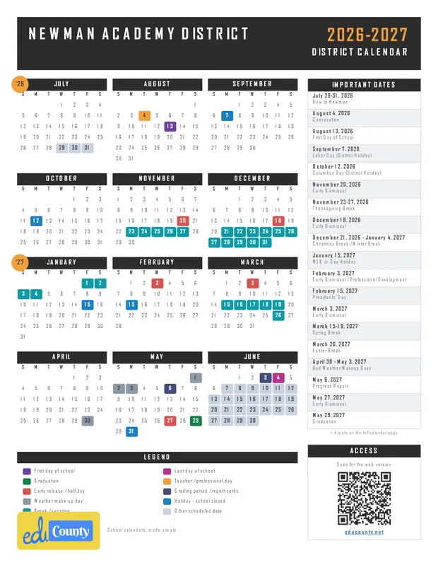Newman Academy District printable 2026-27 calendar