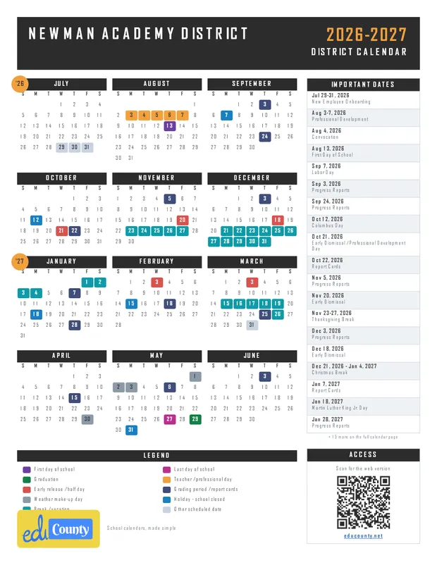 Newman Academy District printable 2026-27 calendar