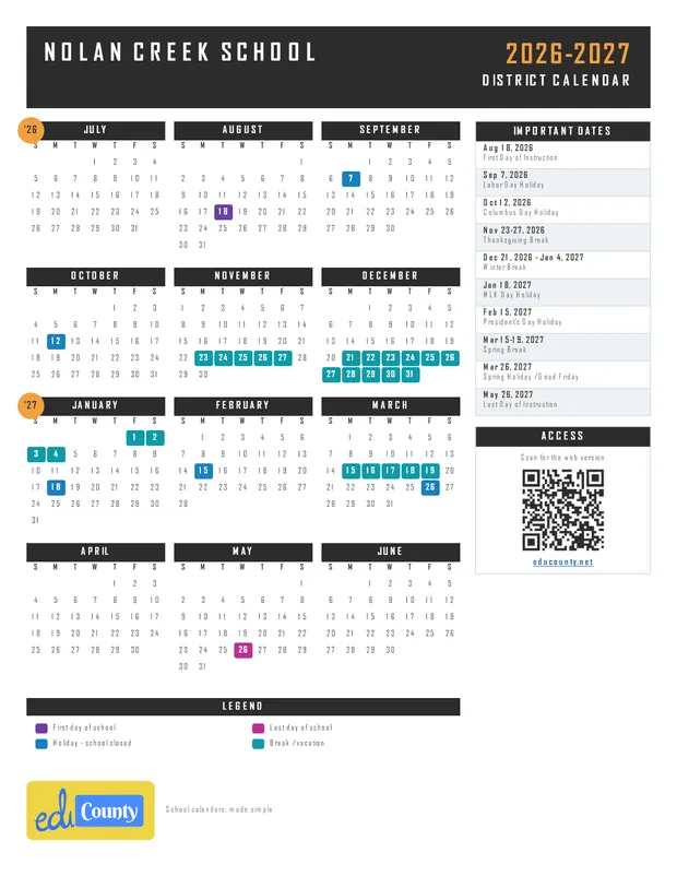 Nolan Creek School printable 2026-27 calendar