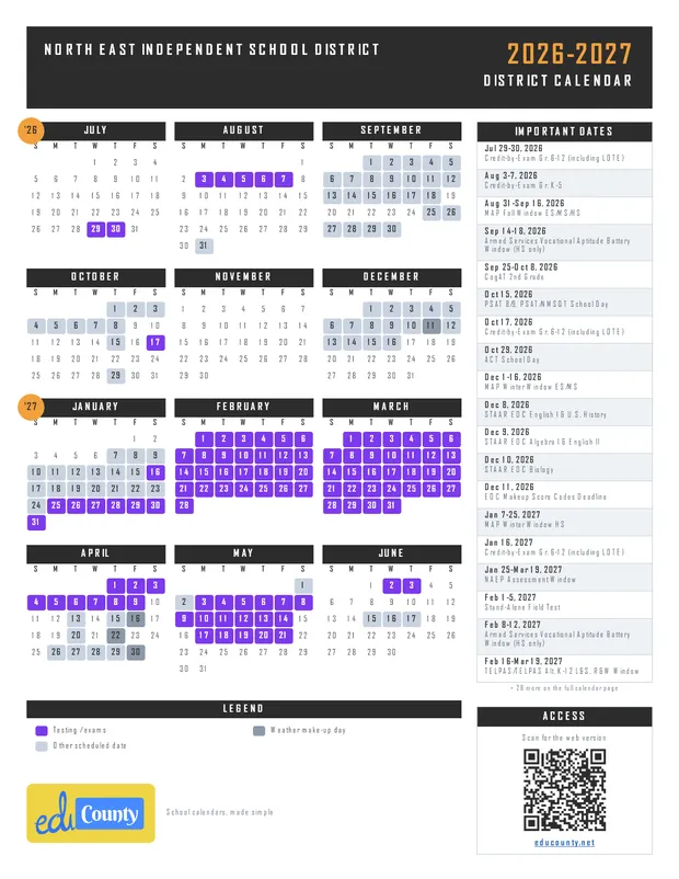 North East Independent School District printable 2026-27 calendar