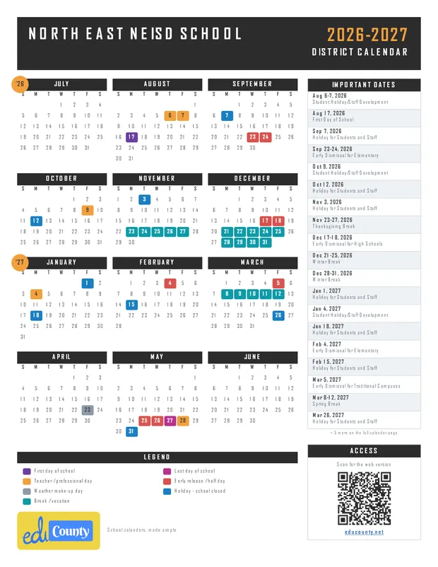 North East NEISD school printable 2026-27 calendar