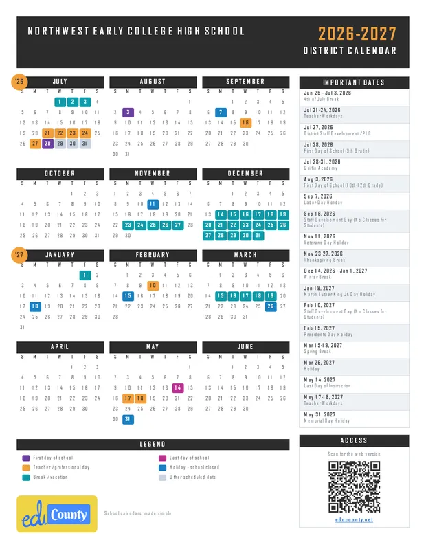Northwest Early College High School printable 2026-27 calendar