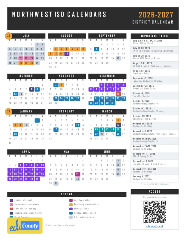Northwest ISD Calendars printable 2026-27 calendar