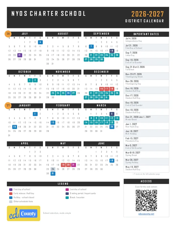 NYOS Charter School printable 2026-27 calendar