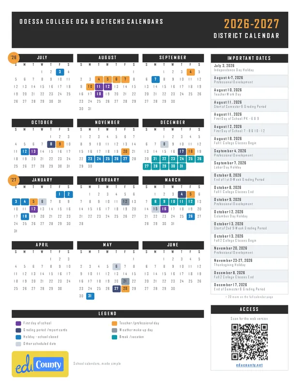 Odessa College OCA & OCTECHS Calendars printable 2026-27 calendar