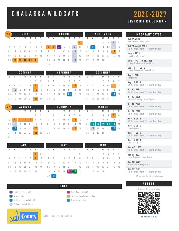 Onalaska Wildcats printable 2026-27 calendar