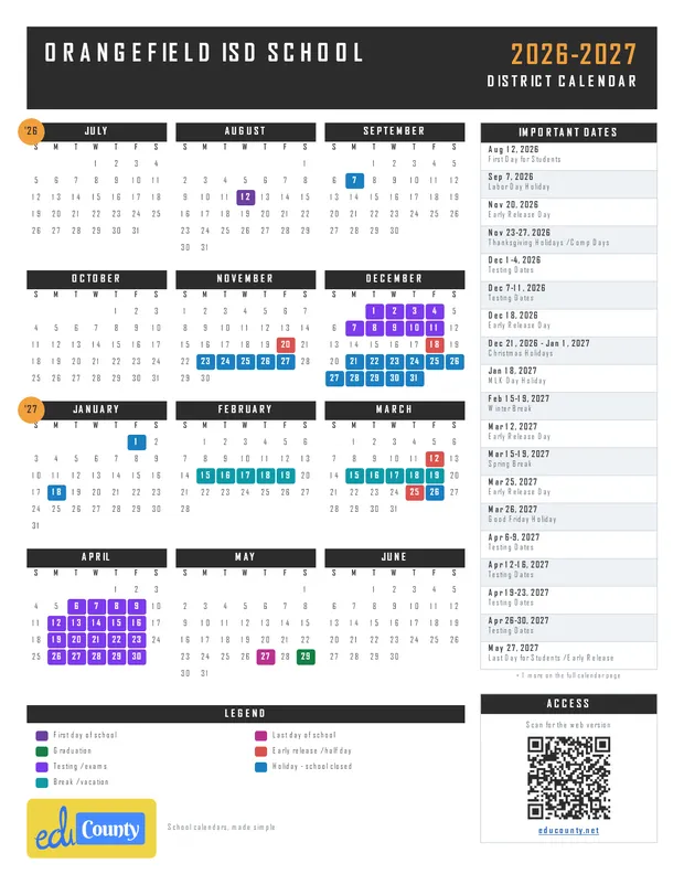 Orangefield ISD School printable 2026-27 calendar