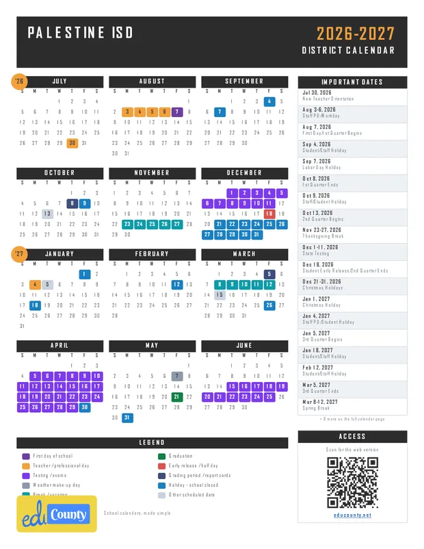 Palestine ISD printable 2026-27 calendar