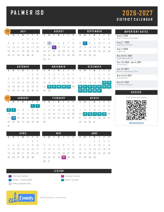 Palmer ISD printable 2026-27 calendar