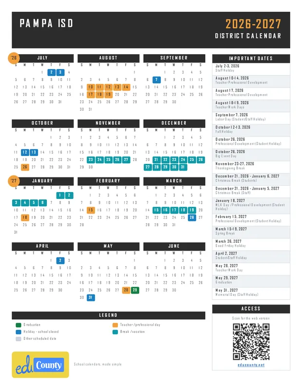 Pampa ISD Independent School District printable 2026-27 calendar