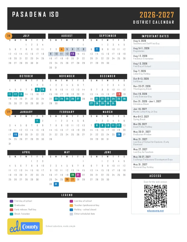 Pasadena Independent School District ISD printable 2026-27 calendar