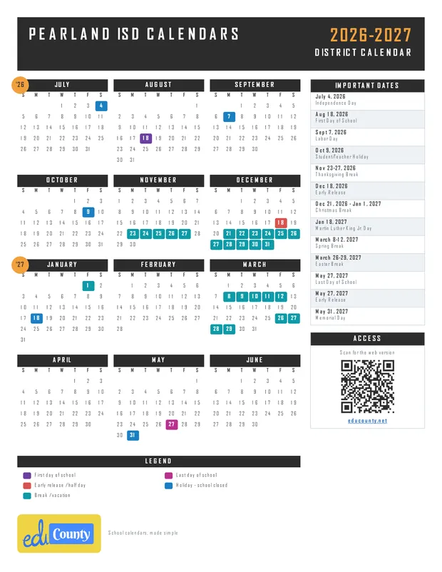 Pearland Isd Calendars printable 2026-27 calendar