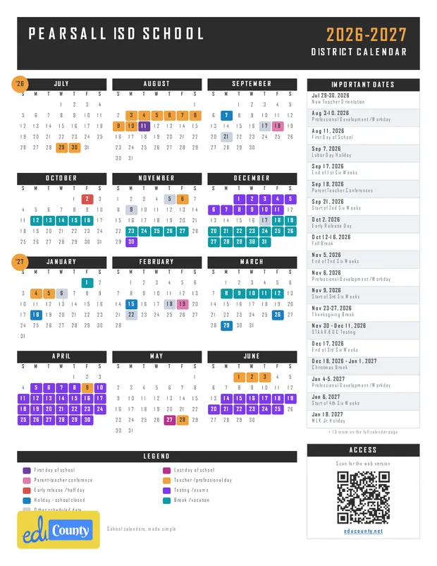 Pearsall ISD School printable 2026-27 calendar