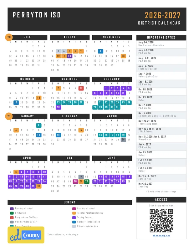 Perryton ISD printable 2026-27 calendar