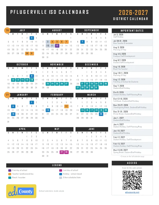 Pflugerville ISD Calendars printable 2026-27 calendar