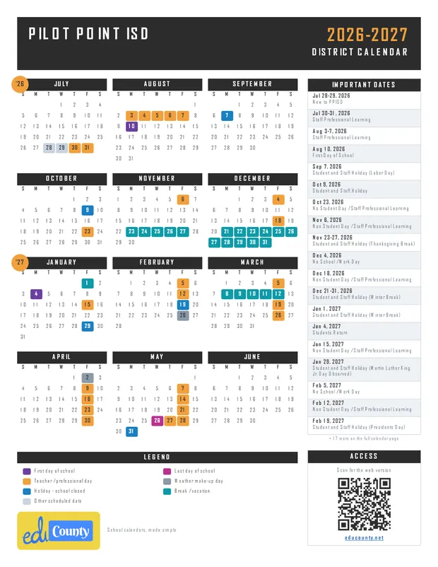 Pilot Point ISD printable 2026-27 calendar