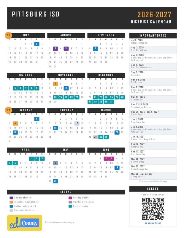 Pittsburg ISD printable 2026-27 calendar