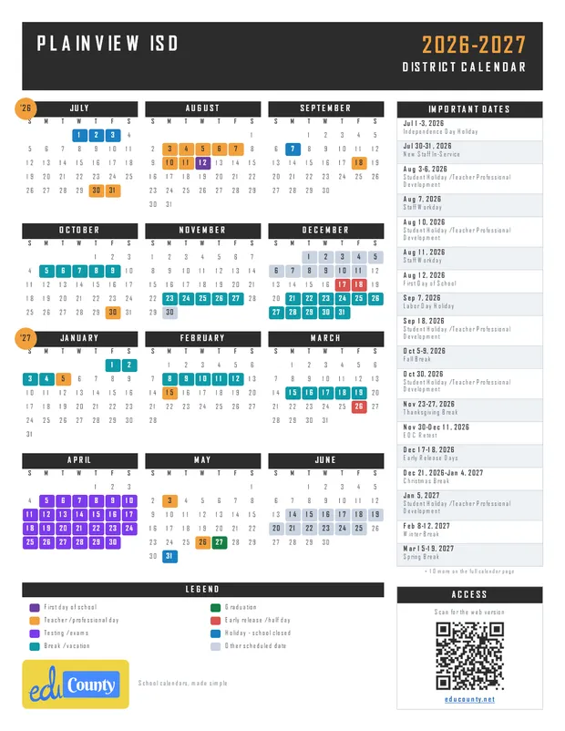 Plainview ISD printable 2026-27 calendar