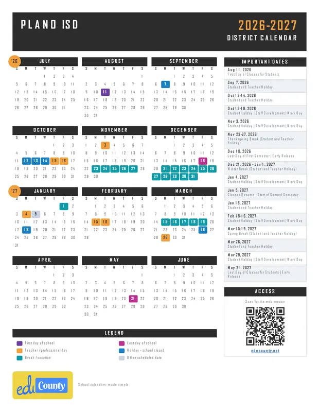 Plano ISD printable 2026-27 calendar