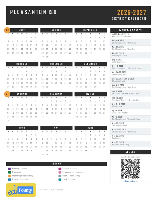 Pleasanton Independent School District ISD printable 2026-27 calendar
