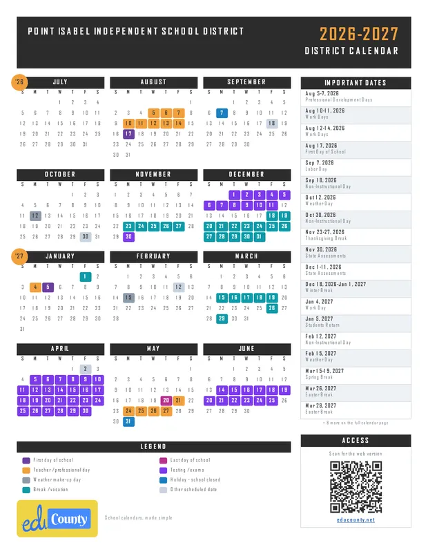 Point Isabel Independent School District printable 2026-27 calendar