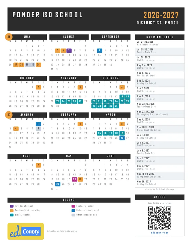 Ponder ISD School printable 2026-27 calendar