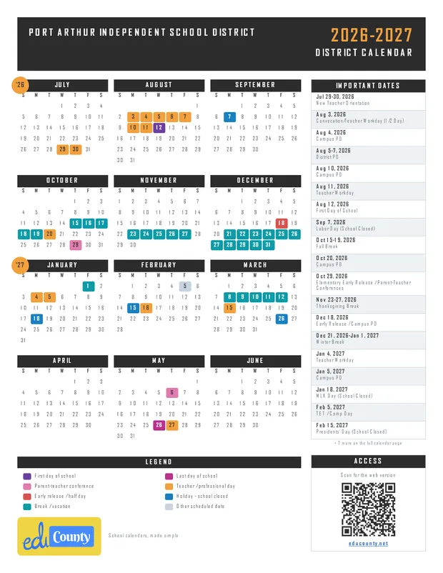 Port Arthur Independent School District printable 2026-27 calendar
