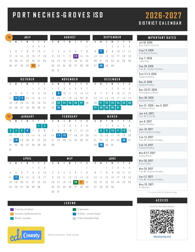 Port Neches-Groves ISD printable 2026-27 calendar