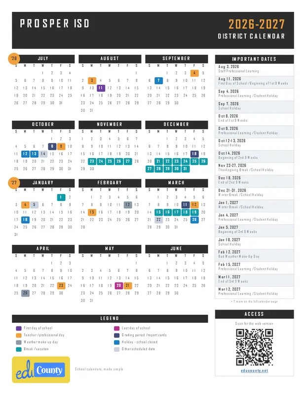 Prosper ISD printable 2026-27 calendar