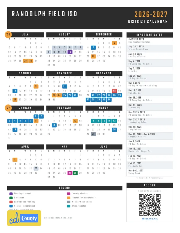 Randolph Field ISD printable 2026-27 calendar