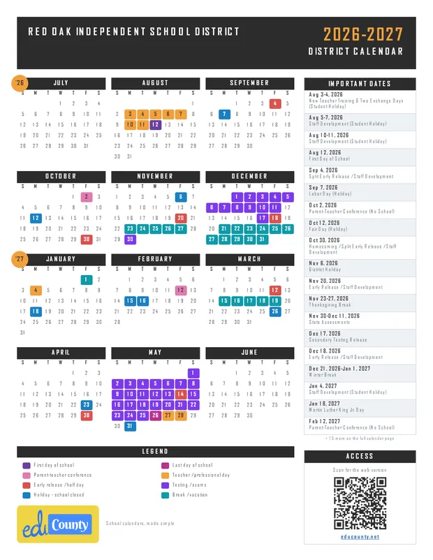 Red Oak Independent School District printable 2026-27 calendar