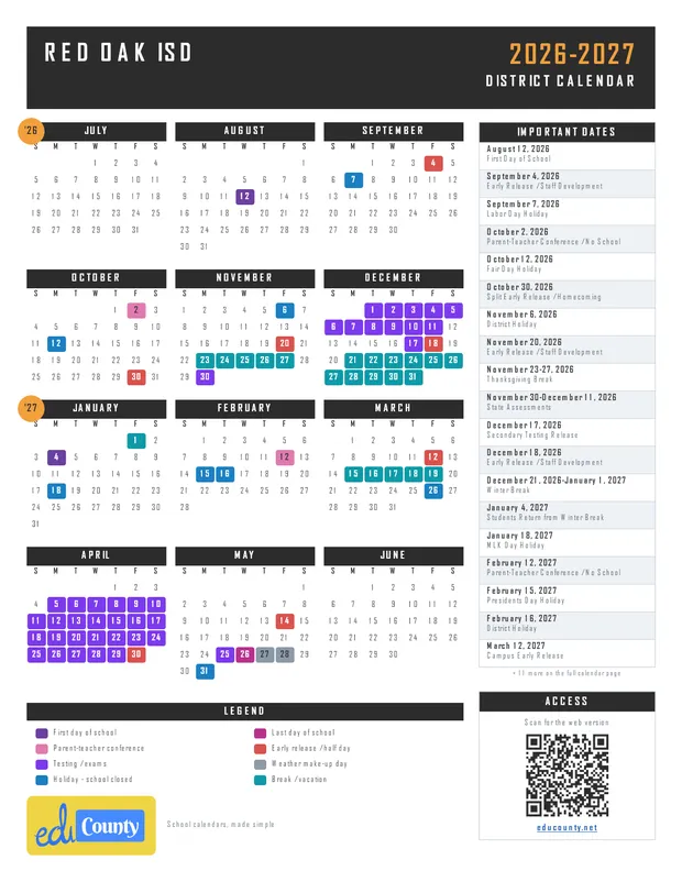 Red Oak ISD printable 2026-27 calendar