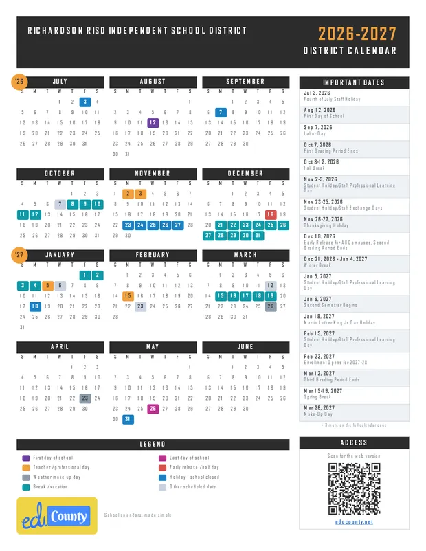 Richardson risd Independent School District printable 2026-27 calendar
