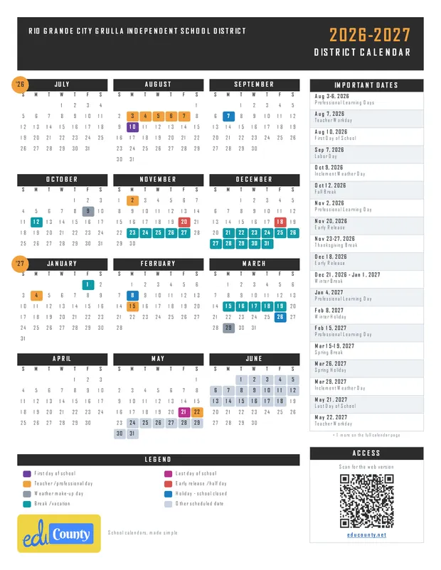 Rio Grande City Grulla Independent School District printable 2026-27 calendar