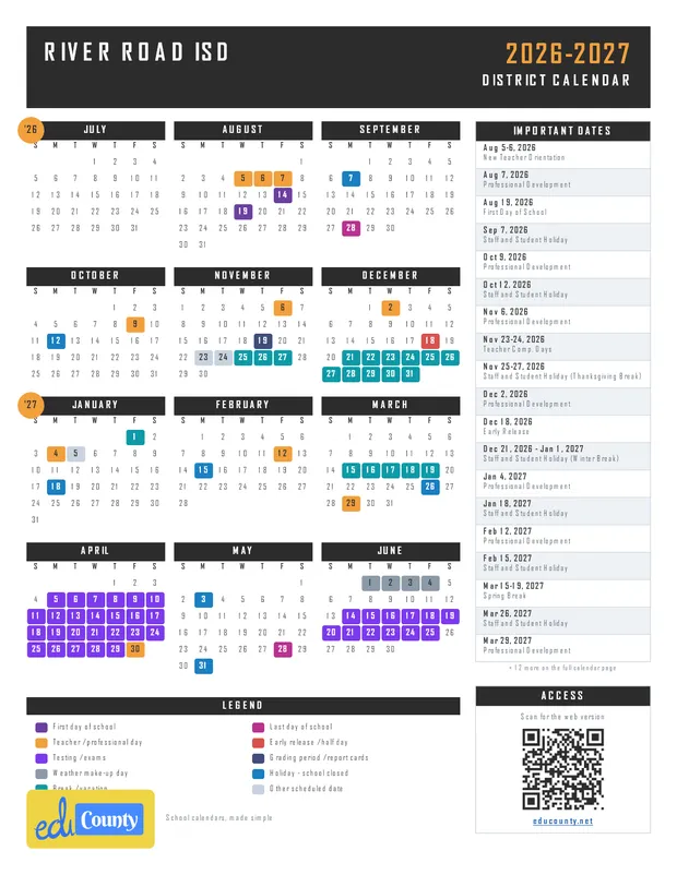 RIVER ROAD ISD printable 2026-27 calendar