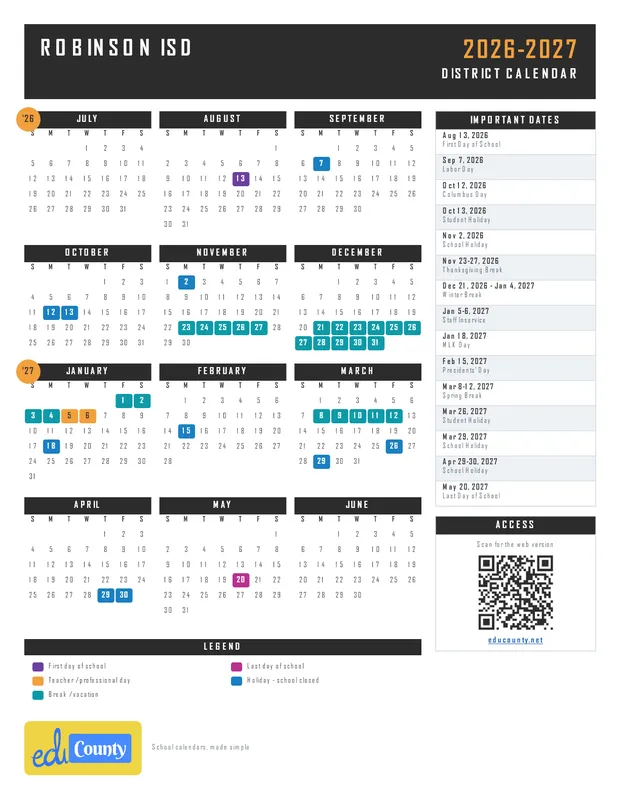 Robinson ISD printable 2026-27 calendar