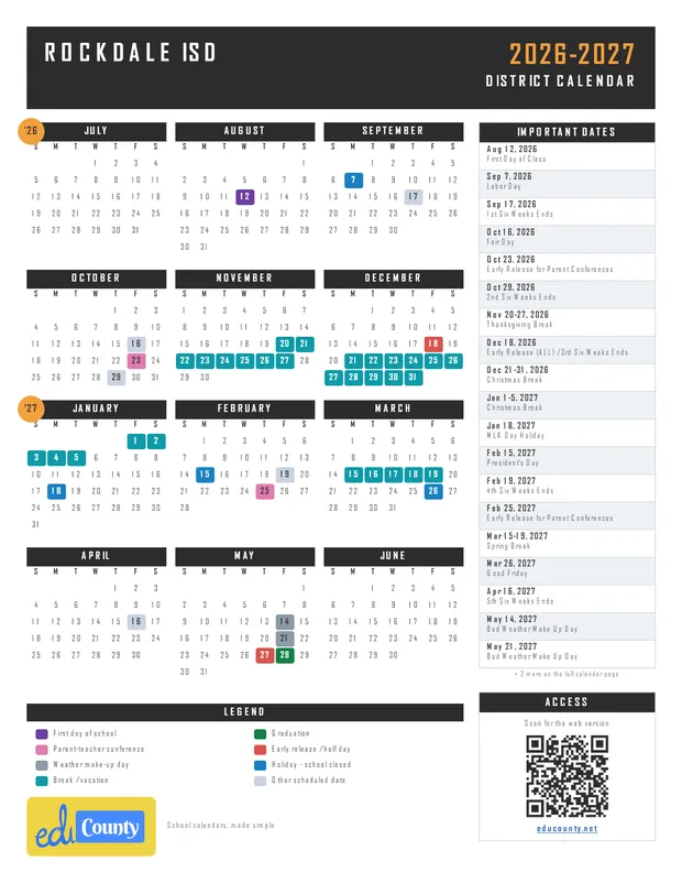 Rockdale ISD printable 2026-27 calendar