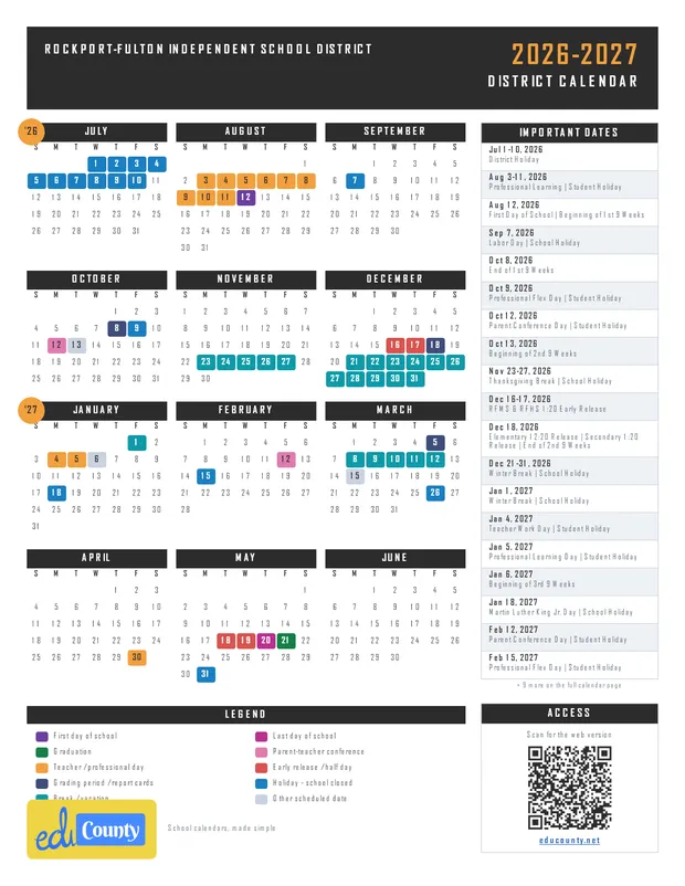 Rockport-Fulton Independent School District printable 2026-27 calendar