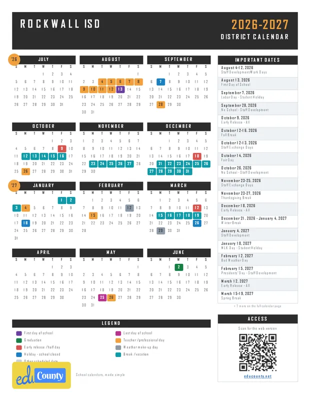 Rockwall ISD printable 2026-27 calendar
