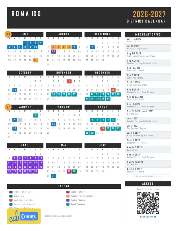 Roma Independent School District isd printable 2026-27 calendar